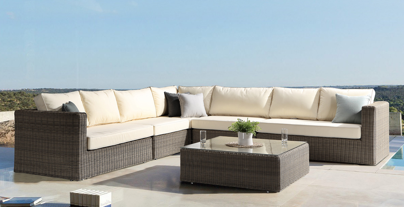 Outdoor Rattan Garden Furniture Corner Sofa Brown Cream Natural