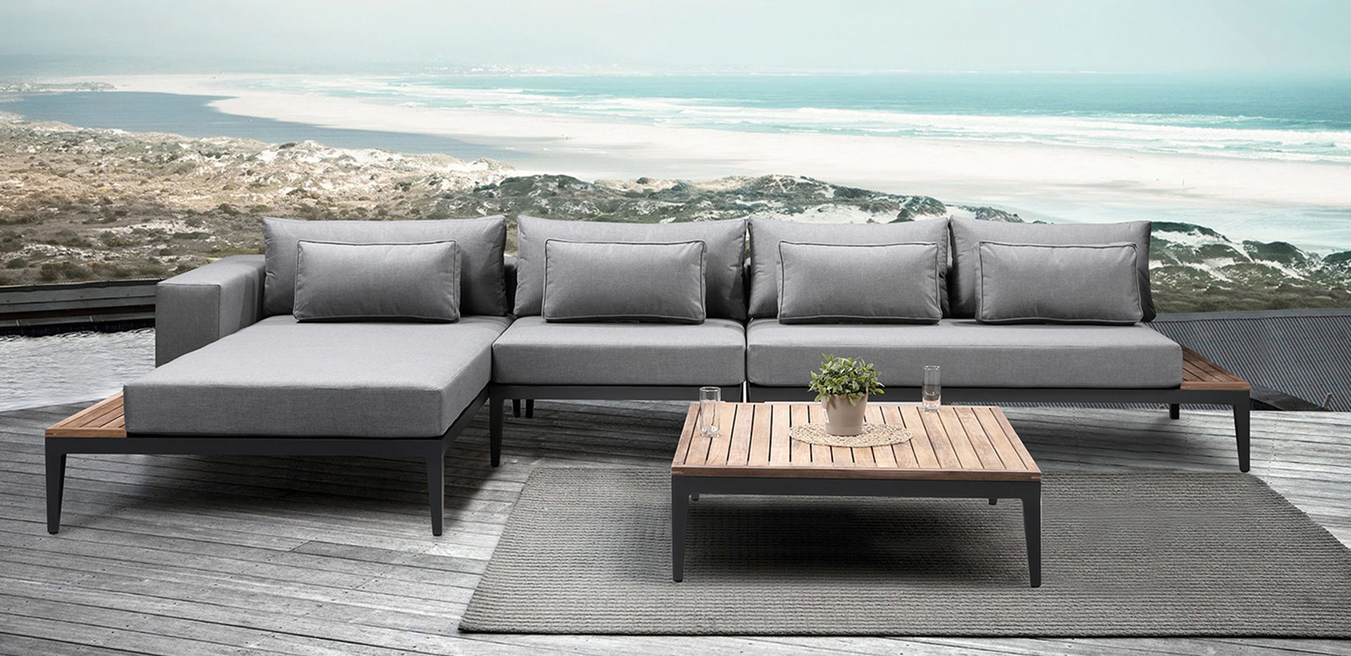 Moderno Sunbrella Grey Fabric Outdoor L Sofa Set | Alexander Francis
