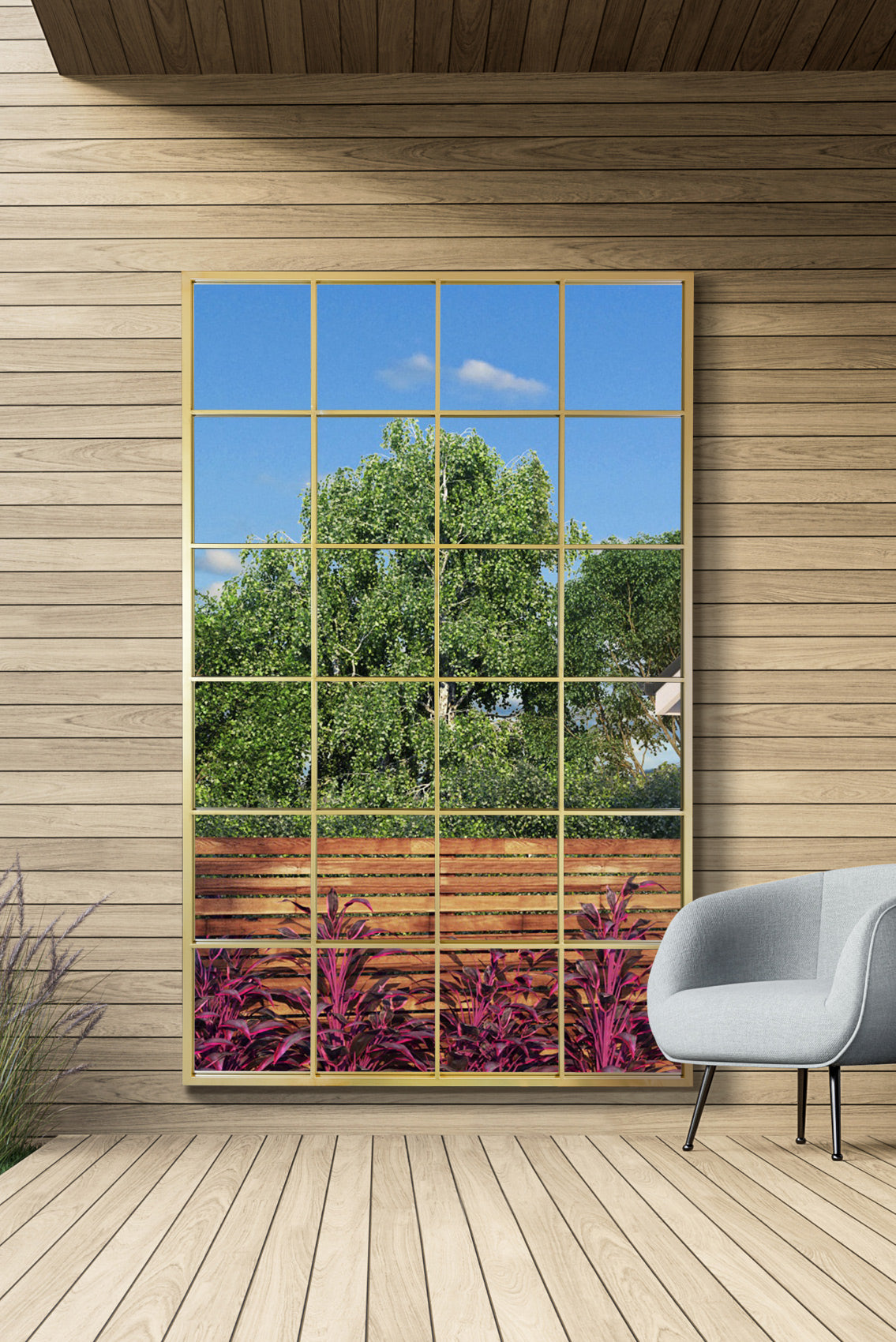 Modern Outdoor Garden Mirror (Gold Frame)