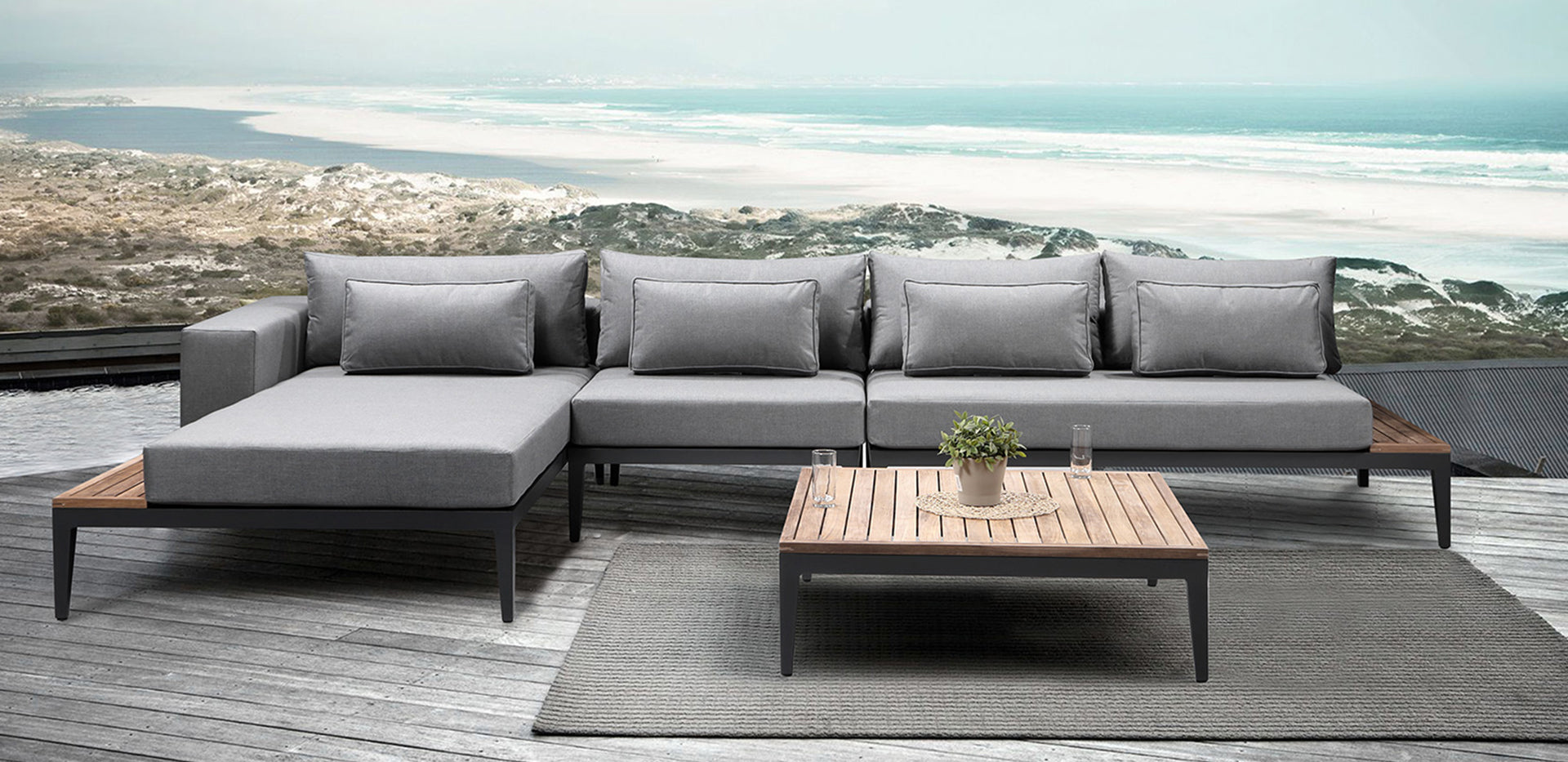 Moderno Sunbrella Grey Fabric Outdoor L Sofa Set | Alexander Francis 